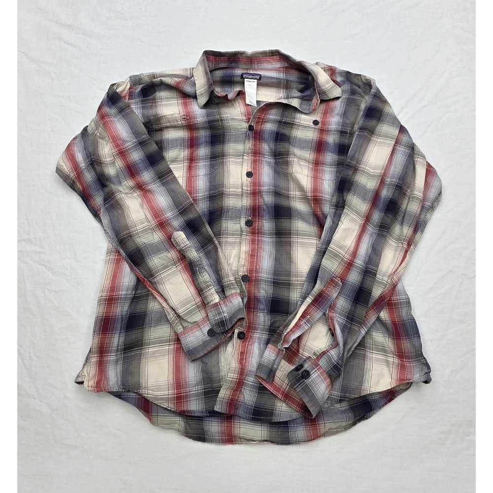 Patagonia Men's 100% Organic Cotton Red Blue Button Down Shirt Size Large